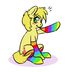 Size: 1124x1210 | Tagged: safe, artist:senaelik, imported from derpibooru, oc, oc only, oc:golden brisk, blushing, clothes, mouth hold, rainbow socks, simple background, socks, solo, striped socks, transparent background