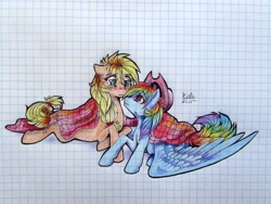 Size: 1280x960 | Tagged: safe, artist:kida, imported from derpibooru, applejack, rainbow dash, appledash, blanket, cute, female, graph paper, lesbian, shipping, traditional art