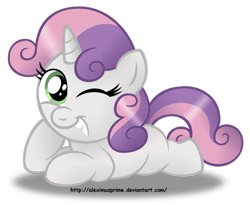 Size: 1024x839 | Tagged: safe, artist:aleximusprime, imported from derpibooru, sweetie belle, female, lying, simple background, solo, transparent background, wink