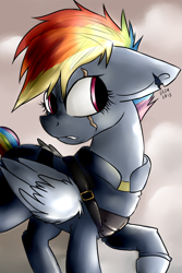 Size: 2000x3000 | Tagged: safe, artist:korashy, imported from derpibooru, rainbow dash, the cutie re-mark, alternate timeline, apocalypse dash, crystal war timeline, female, scar, solo, torn ear