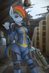 Size: 1200x1800 | Tagged: safe, alternate version, artist:staggeredline, imported from derpibooru, rainbow dash, anthro, pegasus, the cutie re-mark, clothes, crossover, energy weapon, fallout, female, jumpsuit, laser rifle, looking at you, skintight clothes, solo, vault suit, weapon, wings