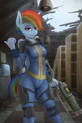 Size: 1200x1800 | Tagged: safe, alternate version, artist:staggeredline, imported from derpibooru, rainbow dash, anthro, pegasus, alternate timeline, apocalypse dash, clothes, crossover, energy weapon, fallout, female, jumpsuit, laser rifle, looking at you, skintight clothes, solo, tight clothing, vault suit, weapon, wings