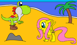 Size: 1024x602 | Tagged: safe, artist:killerbug2357, imported from derpibooru, fluttershy, yoshi, 1000 hours in ms paint, crossover, ms paint, super mario bros., yoshi shy