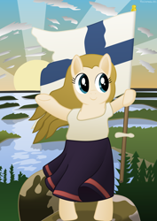 Size: 2456x3476 | Tagged: safe, artist:techarmsbu, imported from derpibooru, oc, oc only, pony, clothes, finland, finnish maiden, flag, pastiche, ponified, solo, sunrise