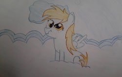 Size: 1078x683 | Tagged: safe, artist:yolo-rainbowdash, imported from derpibooru, derpy hooves, cloud, female, filly, scrunchy face, sketch, solo, traditional art, younger