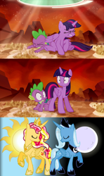 Size: 640x1080 | Tagged: safe, artist:chibinekogirl102, imported from derpibooru, screencap, spike, sunset shimmer, trixie, twilight sparkle, alicorn, pony, the cutie re-mark, alicornified, alternate timeline, alternate universe, meme, race swap, shimmercorn, tirek's timeline, trixiecorn, twilight sees the future, twilight sparkle (alicorn)