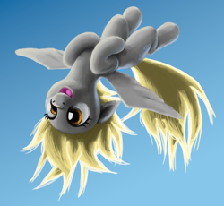 Size: 2018x1856 | Tagged: safe, artist:odooee, imported from derpibooru, derpy hooves, pegasus, pony, blue background, cute, derpabetes, female, flying, mare, open mouth, simple background, sky, solo, upside down