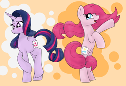 Size: 1024x699 | Tagged: safe, artist:mississippikite, imported from derpibooru, applejack, pinkie pie, rarity, twilight sparkle, alternate hairstyle, fake cutie mark, mane swap, palette swap, personality swap