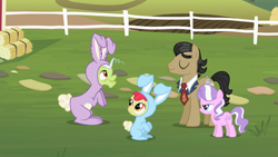 Size: 1366x768 | Tagged: safe, imported from derpibooru, screencap, apple bloom, diamond tiara, filthy rich, granny smith, family appreciation day, bunny bloom, bunny costume, clothes, dollar sign, female, solo