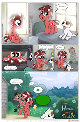 Size: 1300x2000 | Tagged: safe, artist:smudge proof, imported from derpibooru, oc, oc only, oc:eschaton, oc:halcyon, oc:tails, butterfly, dog, donkey, earth pony, pony, comic:heads and tails, cabin, comic, dream, foal, forest, glow, glowing, green, monolith, morning, outdoors, painting, patreon, patreon logo, scenery, tulpa