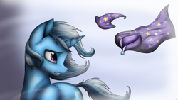 Size: 3840x2160 | Tagged: safe, artist:lupiarts, imported from derpibooru, trixie, pony, unicorn, brooch, cape, clothes, female, hat, jewelry, mare, sad, solo, trixie's brooch, trixie's cape, trixie's hat