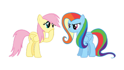 Size: 1191x670 | Tagged: safe, imported from derpibooru, fluttershy, rainbow dash, alternate hairstyle, care mare, mane swap, palette swap