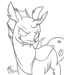 Size: 1024x1195 | Tagged: safe, artist:eternalsubscriber, imported from derpibooru, changeling, grin, mischievous, monochrome, solo, wip