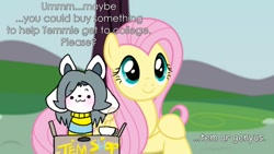 Size: 1185x669 | Tagged: safe, edit, imported from derpibooru, fluttershy, temmie, :3, c:, comic sans, crossover, cute, genius, grammar, marketing, photoshop, smiling, stylistic suck, tem shop, undertale