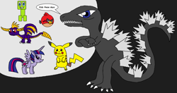 Size: 1024x541 | Tagged: safe, artist:killerbug2357, imported from derpibooru, twilight sparkle, alicorn, bird, cardinal, dragon, kaiju, pikachu, pony, 1000 hours in ms paint, angry birds, creeper, crossover, female, godzilla, godzilla (series), mare, minecraft, ms paint, pokémon, red bird, spyro the dragon, spyro the dragon (series), twilight sparkle (alicorn), why does op even try?