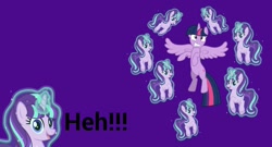 Size: 1024x552 | Tagged: safe, artist:tba020102tba, imported from derpibooru, starlight glimmer, twilight sparkle, twilight sparkle (alicorn), alicorn, pony, unicorn, the cutie re-mark, adorawat, cute, female, frown, glimmerbetes, glowing horn, gritted teeth, happy, heh, levitation, magic, mare, multeity, open mouth, purple background, self-levitation, simple background, smiling, starlight cluster, telekinesis, this will end in communism, wat, wide eyes