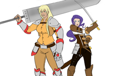 Size: 1440x858 | Tagged: safe, artist:eve-ashgrove, imported from derpibooru, applejack, rarity, human, alternative cutie mark placement, armor, dark skin, facial cutie mark, humanized, scar, size difference, sword, weapon