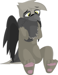 Size: 1674x2178 | Tagged: safe, artist:flicktransition, imported from derpibooru, oc, oc only, oc:avery j harp, bird, griffon, beak, paw pads, paws, sad, simple background, sitting, solo, talons, transparent background