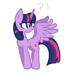 Size: 2621x2714 | Tagged: safe, artist:evielou5g, imported from derpibooru, twilight sparkle, alicorn, pony, butt wings, exclamation point, female, interrobang, mare, question mark, simple background, solo, spread wings, twilight sparkle (alicorn), white background, wings