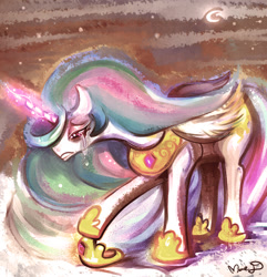 Size: 700x725 | Tagged: safe, artist:caramelfrog, imported from derpibooru, princess celestia, crying, female, glowing horn, sad, solo