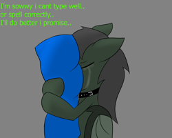 Size: 1280x1024 | Tagged: safe, artist:askhypnoswirl, imported from derpibooru, oc, oc only, oc:maraco arco, collar, crying, hug, pillow, solo, text