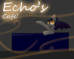 Size: 1280x1024 | Tagged: safe, artist:askhypnoswirl, imported from derpibooru, oc, oc only, oc:echo, bat pony, pony, pointing, solo, table, text