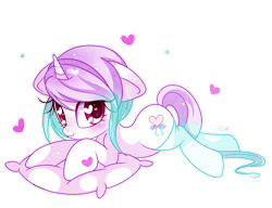 Size: 1000x768 | Tagged: safe, artist:ipun, imported from derpibooru, oc, oc only, oc:reverie, pony, unicorn, blushing, clothes, female, heart, heart eyes, mare, pillow, simple background, socks, solo, stockings, thigh highs, transparent background, wingding eyes