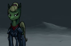 Size: 1280x836 | Tagged: safe, artist:quadrog, imported from derpibooru, oc, oc only, oc:emerald green, pegasus, pony, fallout equestria, fallout equestria: the fossil, clothes, lidded eyes, solo
