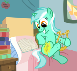 Size: 1743x1602 | Tagged: safe, artist:pony-paint, imported from derpibooru, lyra heartstrings, pony, unicorn, bed, book, cutie mark, cutiespark, female, filly, grin, horn, lyre, show accurate, smiling, solo, younger