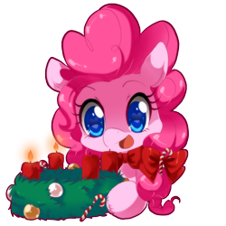 Size: 800x800 | Tagged: safe, artist:loyaldis, imported from derpibooru, pinkie pie, earth pony, pony, advent wreath, candle, candy, candy cane, christmas, cute, diapinkes, female, food, looking at something, mare, simple background, solo, transparent background, wreath