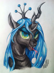 Size: 716x960 | Tagged: safe, artist:ivory crescent, imported from derpibooru, queen chrysalis, changeling, changeling queen, crown, fangs, female, jewelry, portrait, regalia, solo, tongue out