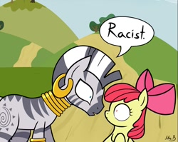 Size: 991x788 | Tagged: safe, artist:mrbastoff, imported from derpibooru, apple bloom, zecora, zebra, comic, racism, reaction image, that's racist, when she doesn't rhyme