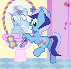 Size: 1910x1862 | Tagged: safe, artist:pony-paint, imported from derpibooru, minuette, pony, unicorn, bathroom, butt, cutie mark, cutiespark, filly, horn, hourglass, magic, magic aura, mirror, plot, show accurate, solo, telekinesis, toothbrush