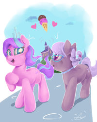 Size: 1280x1600 | Tagged: safe, artist:aquaticsun, imported from derpibooru, diamond tiara, silver spoon, earth pony, pony, best friends, cute, diamondbetes, food, glasses, ice cream, silverbetes