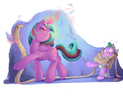 Size: 1280x1024 | Tagged: safe, artist:aquaticsun, imported from derpibooru, spike, twilight sparkle, alicorn, pony, eyes closed, female, list, magic, mare, scroll, smiling, telekinesis, twilight sparkle (alicorn)