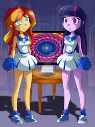 Size: 1024x1377 | Tagged: dead source, safe, artist:erohd, imported from derpibooru, sunset shimmer, twilight sparkle, equestria girls, blank eyes, cheerleader, clothes, hypnosis, pom pom, shoes, skirt, sneakers, socks, television, twilight sparkle (alicorn), watermark