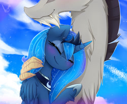 Size: 1600x1320 | Tagged: safe, artist:magnaluna, imported from derpibooru, discord, princess luna, blushing, cute, female, hug, lunacord, male, shipping, straight