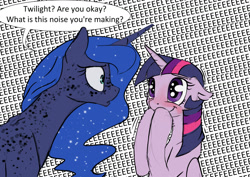 Size: 1280x905 | Tagged: safe, artist:silfoe, imported from derpibooru, princess luna, twilight sparkle, alicorn, pony, royal sketchbook, :o, :t, blushing, confused, dialogue, eeee, female, floppy ears, freckles, frown, lesbian, mare, open mouth, shipping, shrunken pupils, smiling, twilight sparkle (alicorn), twiluna, wide eyes