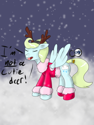 Size: 1800x2400 | Tagged: safe, artist:chaotic harmony, imported from derpibooru, oc, oc only, oc:skyblue, deer, deer pony, hybrid, original species, pegasus, peryton, pony, clothes, costume, digital art, i'm not cute, solo, winter