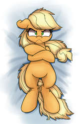 Size: 2000x3002 | Tagged: safe, artist:heir-of-rick, imported from derpibooru, applejack, earth pony, pony, daily apple pony, angry, applejack is not amused, bed, body pillow, body pillow design, cute, female, freckles, frown, grumpy, jackabetes, looking at you, madorable, mare, messy mane, sad, solo, staring into your soul, tsundere, tsunjack, unhapplejack