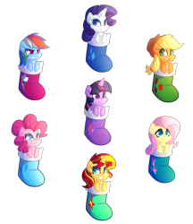 Size: 4500x5200 | Tagged: safe, artist:drawntildawn, edit, imported from derpibooru, applejack, fluttershy, pinkie pie, rainbow dash, rarity, sunset shimmer, twilight sparkle, pony, absurd resolution, alternate mane seven, c:, christmas, christmas stocking, cute, grin, looking at you, mane six, smiling, smirk, squee