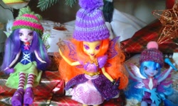 Size: 800x480 | Tagged: safe, artist:blazingdazzlingdusk, derpibooru exclusive, imported from derpibooru, adagio dazzle, aria blaze, sonata dusk, equestria girls, rainbow rocks, christmas, doll, hat, irl, photo, present, the dazzlings, toy