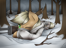 Size: 2600x1900 | Tagged: safe, artist:jadekettu, imported from derpibooru, applejack, earth pony, pony, clothes, female, finland, forest, gun, hooves, lying down, mare, one eye closed, prone, rifle, simo häyhä, sniper, sniper rifle, snow, solo, tree, war, weapon, white death, winter, winter war