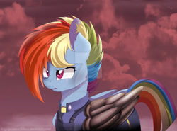 Size: 1024x759 | Tagged: safe, artist:princess-liliana, imported from derpibooru, rainbow dash, the cutie re-mark, alternate timeline, apocalypse dash, crystal war timeline, female, solo, torn ear, watermark