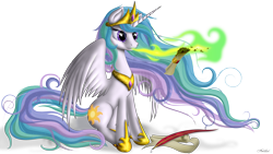 Size: 3200x1800 | Tagged: safe, artist:awalex, imported from derpibooru, princess celestia, pony, female, fire, fire breath, magic, mare, quill, scroll, simple background, sitting, solo, spread wings, telekinesis, transparent background