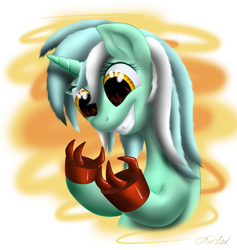 Size: 2365x2500 | Tagged: safe, artist:awalex, imported from derpibooru, lyra heartstrings, cheshire cat grin, crossover, eye reflection, female, futurama, grin, hand, lyra's humans, robotic hand, solo, that pony sure does love hands, the devil's hands are idle playthings