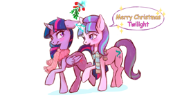 Size: 1024x573 | Tagged: safe, artist:naminzo, imported from derpibooru, starlight glimmer, twilight sparkle, alicorn, pony, blushing, christmas, clothes, female, lesbian, mare, mistletoe, scarf, shipping, twilight sparkle (alicorn), twistarlight