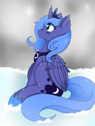 Size: 960x1280 | Tagged: safe, artist:tmntlf, imported from derpibooru, princess luna, female, s1 luna, sitting, snow, snowfall, solo, winter