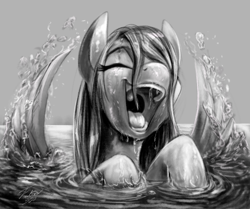 Size: 900x753 | Tagged: safe, artist:tsitra360, imported from derpibooru, fluttershy, pegasus, pony, cute, female, grayscale, happy, mare, monochrome, shyabetes, smiling, solo, splashing, swimming, water