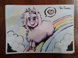 Size: 1280x960 | Tagged: safe, artist:taritoons, imported from derpibooru, oc, oc only, oc:fluffle puff, fake horn, german comic con, pink fluffy unicorns dancing on rainbows, rainbow, traditional art